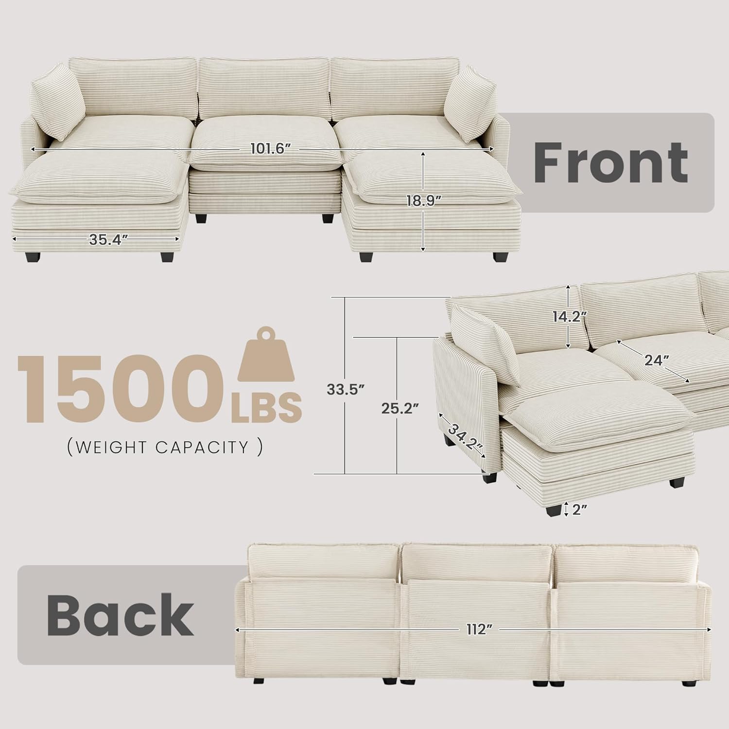 112'' Sectional Modular Cloud Couch, Oversized 5 Seat Couches U Shaped Sofa with 2 Movable Ottomans