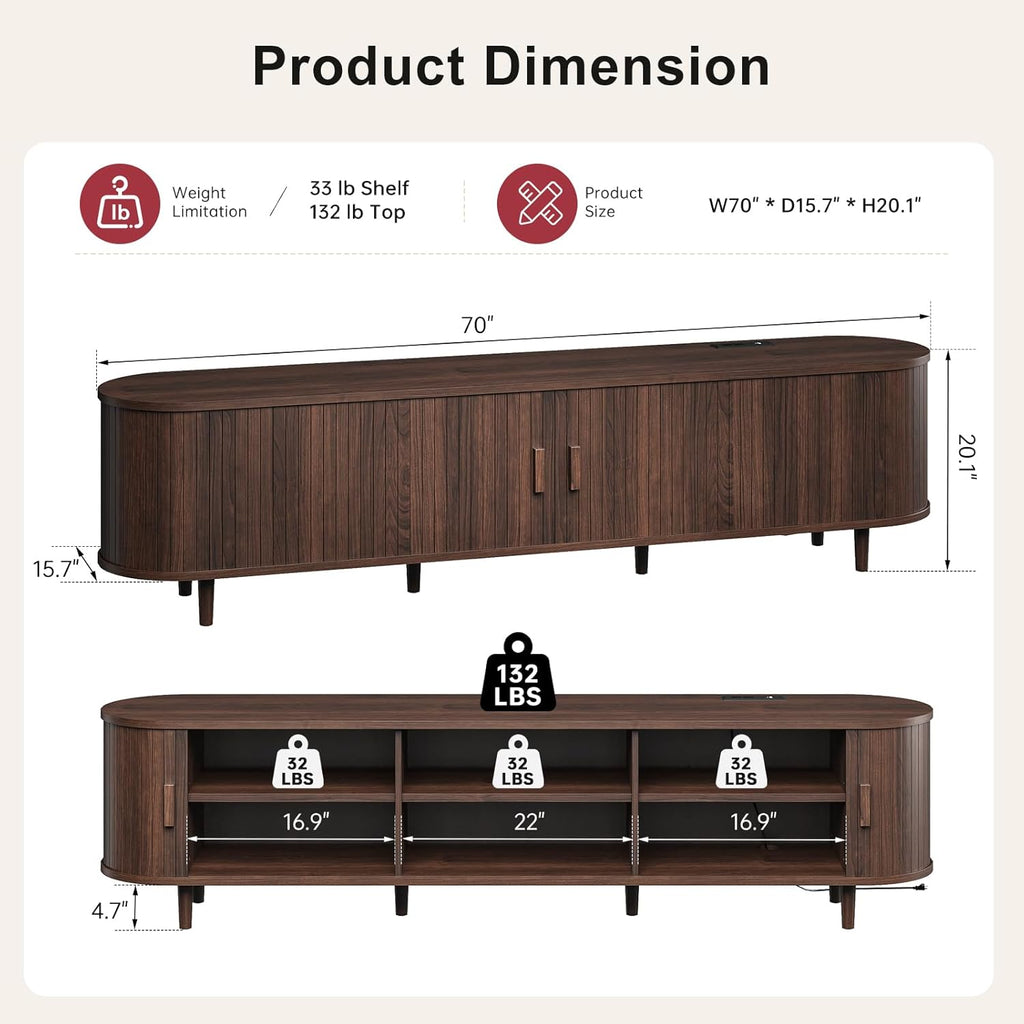 70" Mid Century Modern TV Stand, Wood TV Consoles with Sliding Doors and Power Outlet,