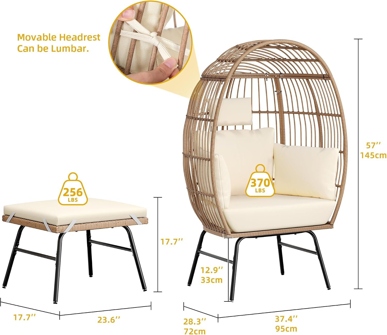 YITAHOME Accent Living Room Egg Chair w/ 2-in-1 Ottoman, Wicker Oversized Basket Chair
