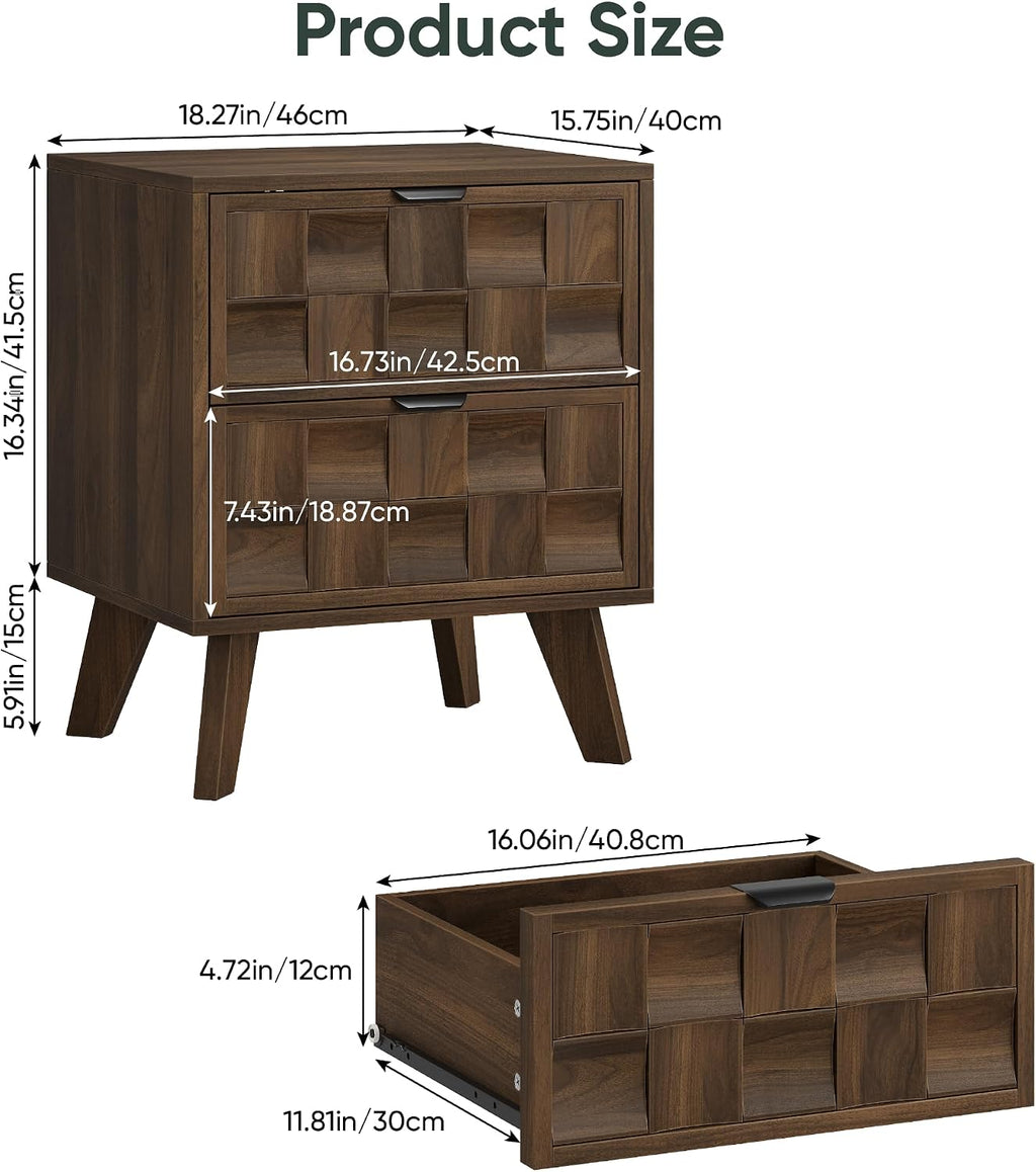 Smart FENDEE Nightstand with 2 Embossed Checkerboard Pattern Drawers, Bedside Table with Solid Wood Legs