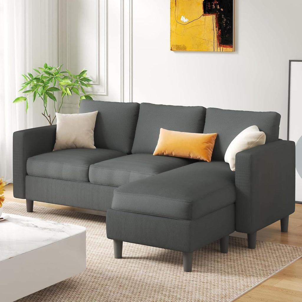 Couches for Living Room, 3-Seat Reversible Sectional Sofa with Convertible Ottoman