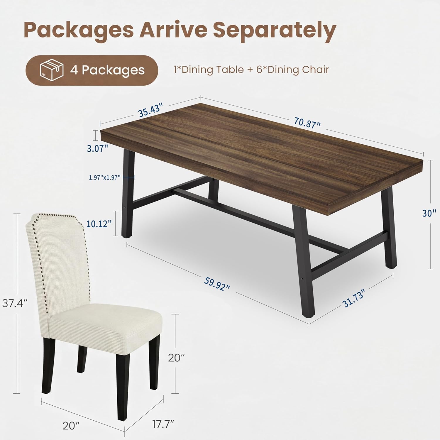 GarveeHome 7 Piece Dining Table Set for 6-8, 71" Heavy Duty Industrial Kitchen Table and 6 Padded High Back Chairs