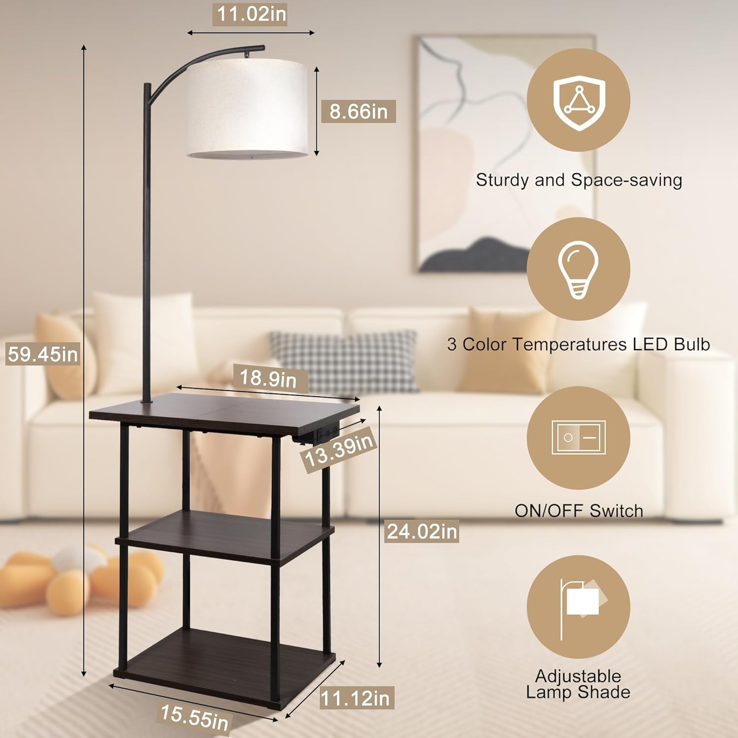 PESRAE Floor Lamp with Table, End Tables with Charging Station(USB & Type-C & AC Port)