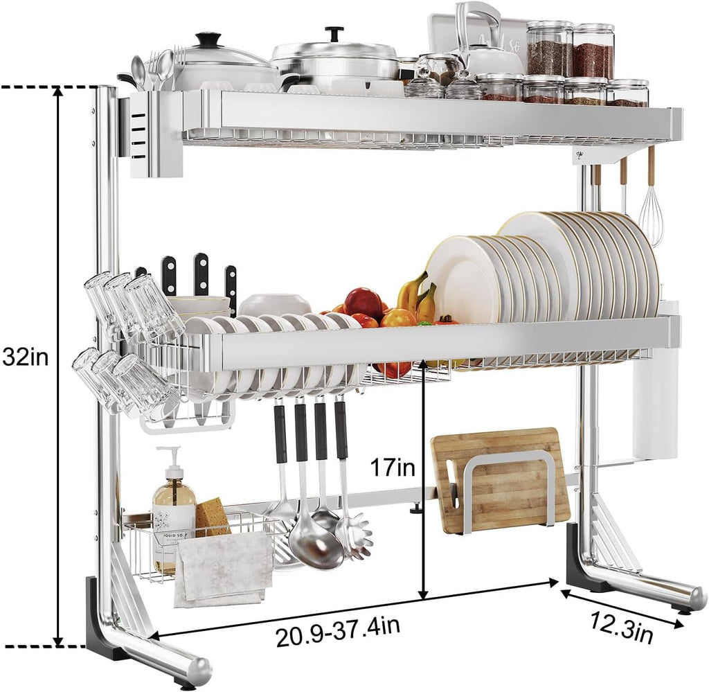 Over The Sink Dish Drainer Drying Rack 3 Tier, Full Stainless Steel Dish Drying Rack Adjustable Length 20.9''-37.4'', Kitchen Sink Shelf