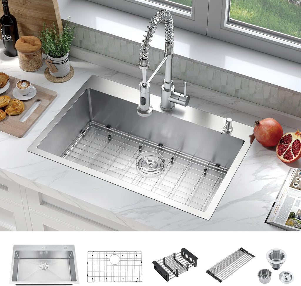 33 Inch Large Single Bowl Drop in Kitchen Sink,Nano Coating Stainless Steel Handmade Single Bowl Topmount Kitchen Sink