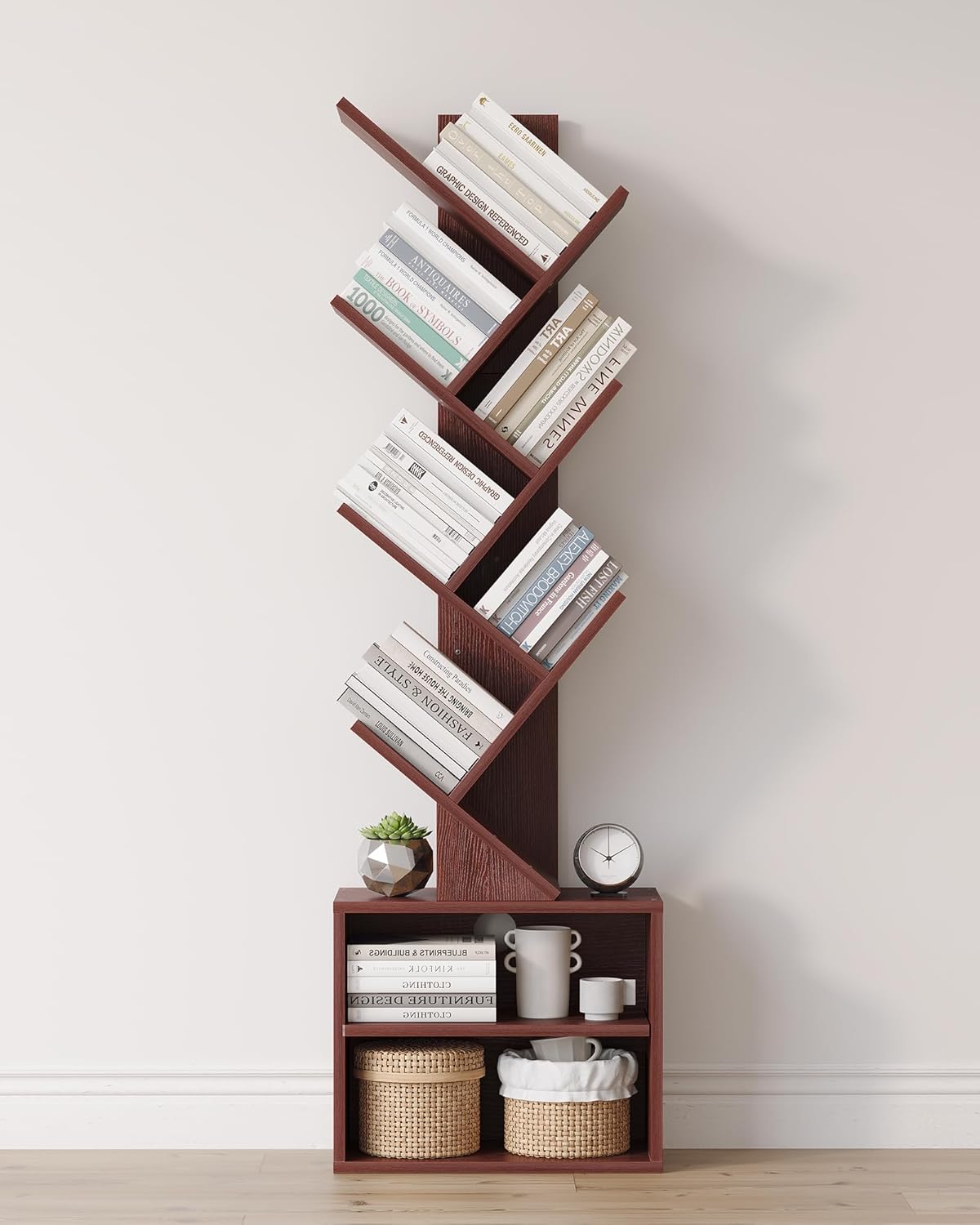SUNMORY 6 Tier Tree Bookshelf, Tall Bookcase with Storage Cabinet