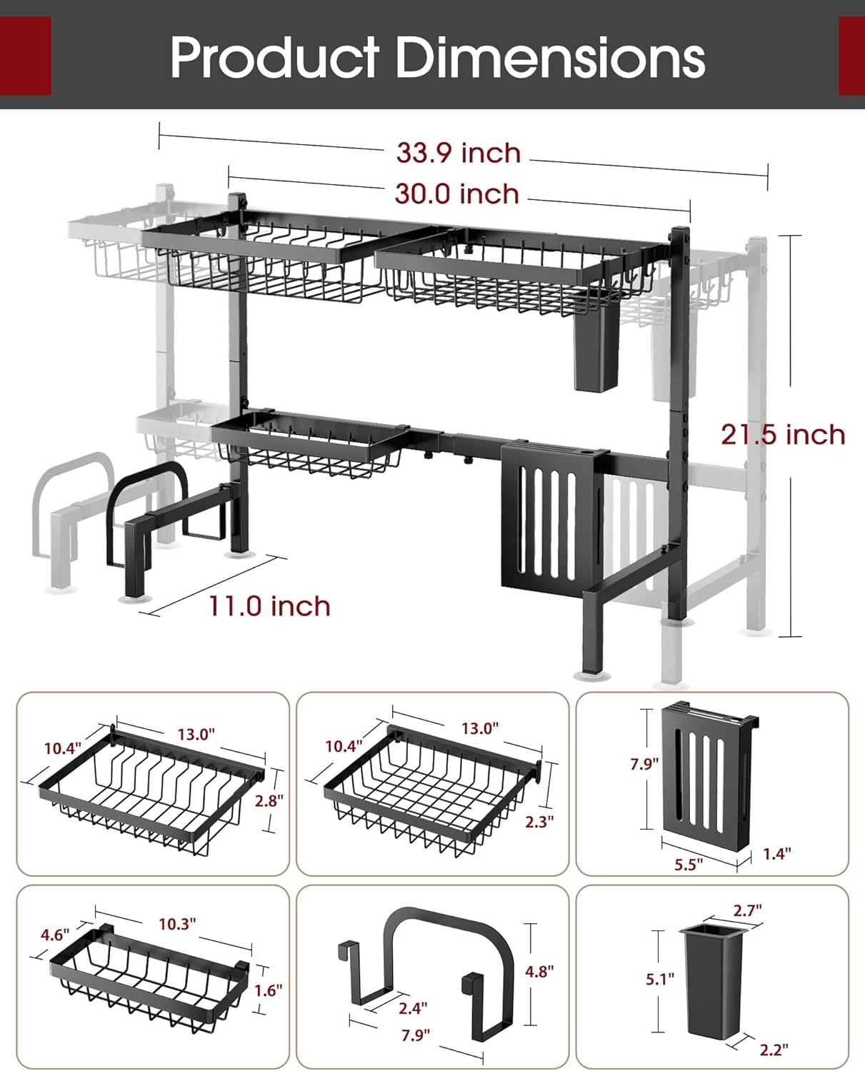 Sakugi Over The Sink Dish Drying Rack - Adjustable 2 Tier Large Capacity Stainless Steel Drainer with Cutlery & Utensil Holders