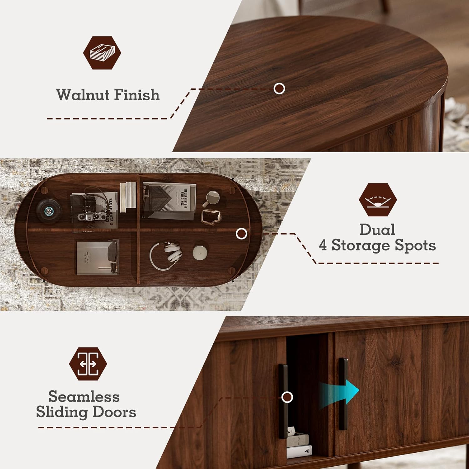 Coffee Table for Living Room, Modern Oval Coffee Table with Cabinets & Sliding Doors