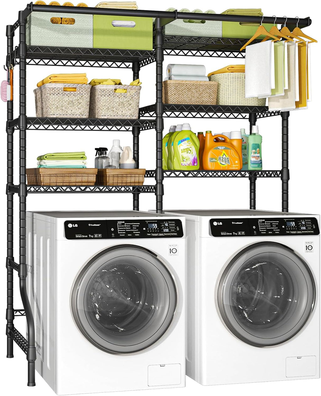 U13 Over Washer and Dryer Storage Shelves, 6 Tiers Laundry Room Standing Shelf with 2 Hanger Rods