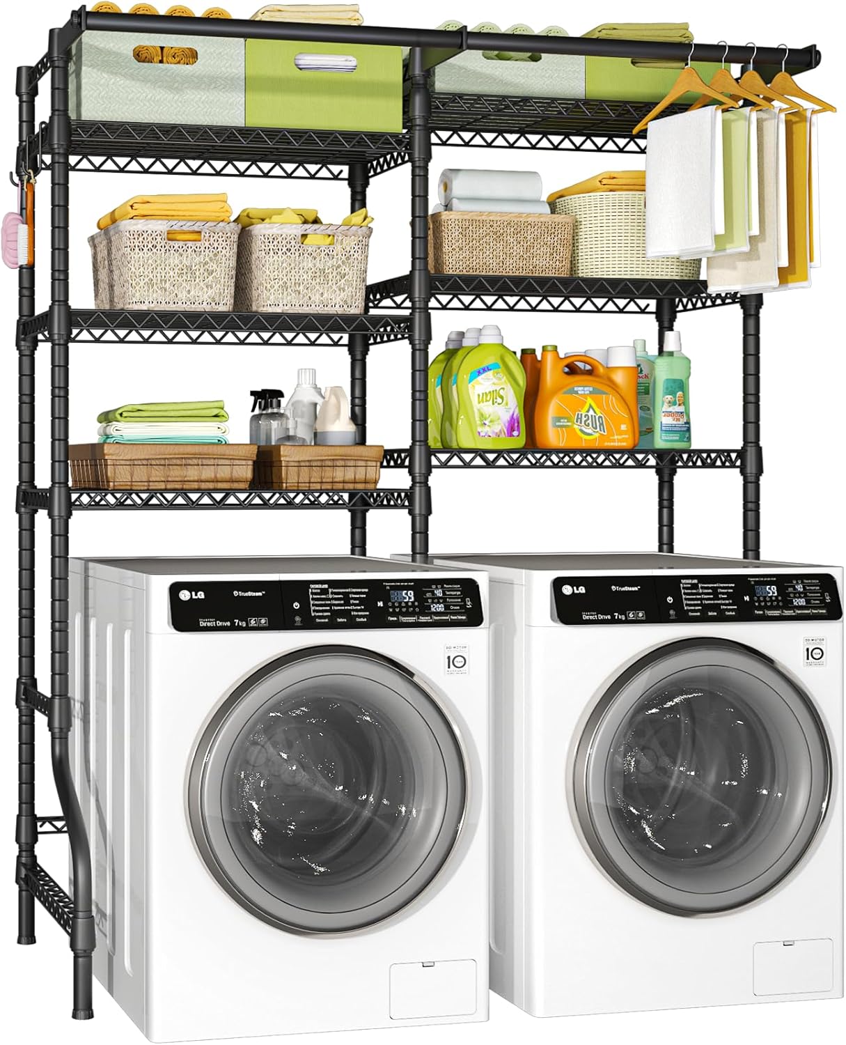 U13 Over Washer and Dryer Storage Shelves, 6 Tiers Laundry Room Standing Shelf with 2 Hanger Rods