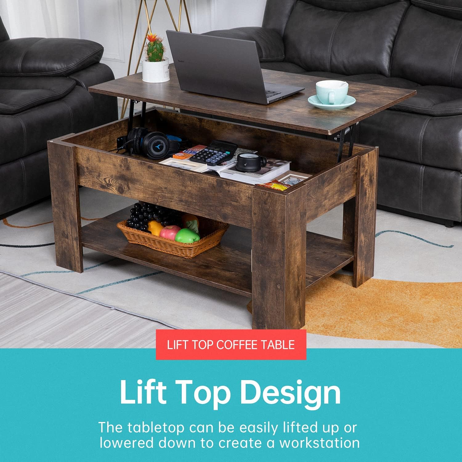 FDW Lift Top Coffee Table with Hidden Compartment and Storage Shelf Wooden Lift Tabletop for Home