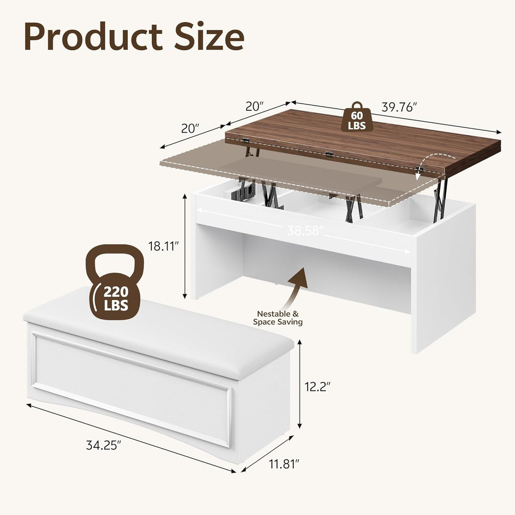 Lift Top Coffee Table Set with Storage Bench, 4-in-1 Convert Gaming/Reading/Dining Table, 40''