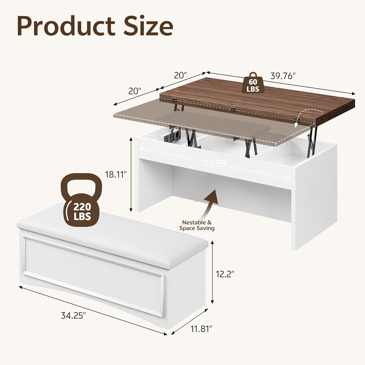 Lift Top Coffee Table Set with Storage Bench, 4-in-1 Convert Gaming/Reading/Dining Table, 40''