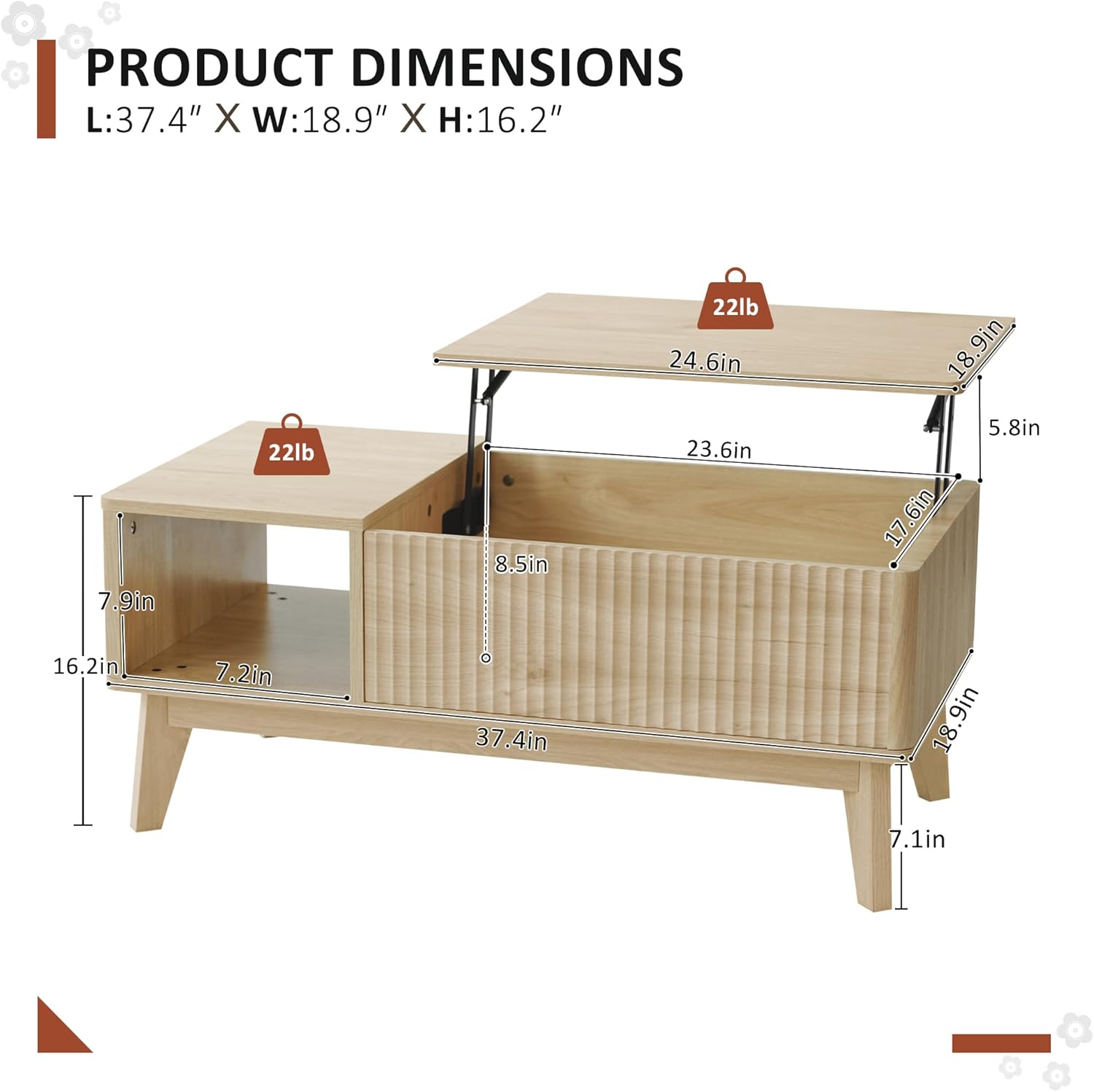 LYNCOHOME Fluted Lift Top Coffee Table with Storage, Modern Coffee Table for Living Room