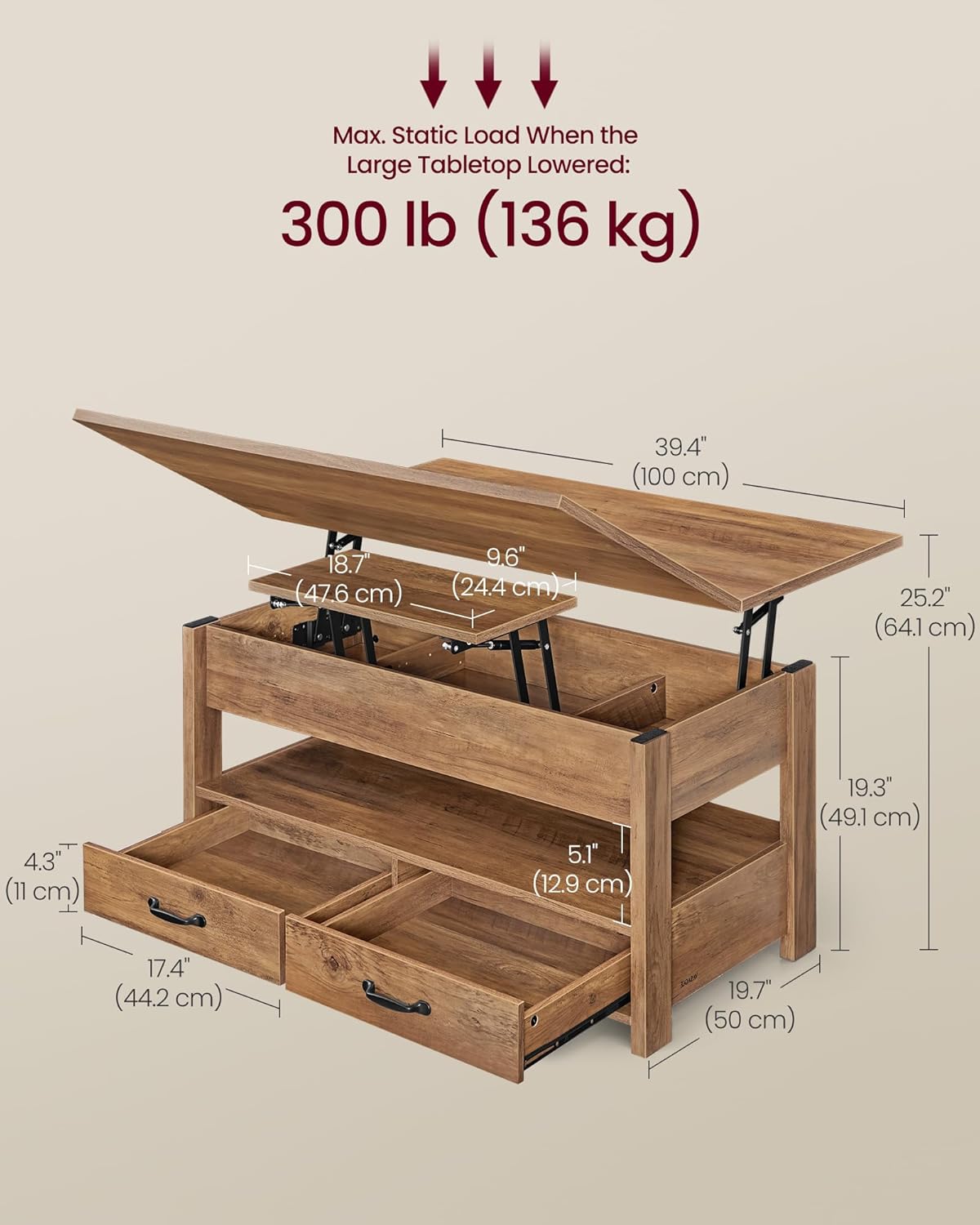 VASAGLE Coffee Table Lift Top, 3 in 1 Center Table with Storage