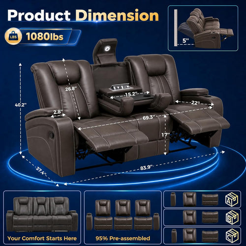 3 Seater Recliner Sofa, 3X Wall Hugger Reclining Sofa with Cup Holder & Light, Home Theater