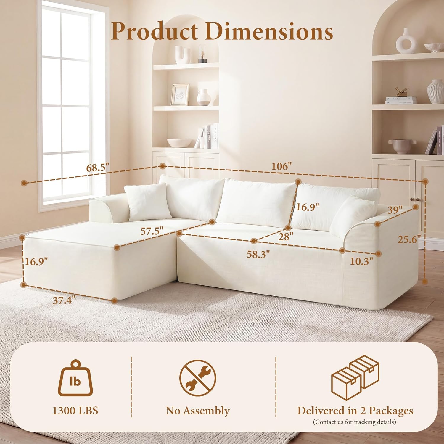 Vesgantti 106" Cloud Couch Sectional Modular Sofa, Deep Seat Comfy Cloud Couch Chenille Memory Foam Sofa