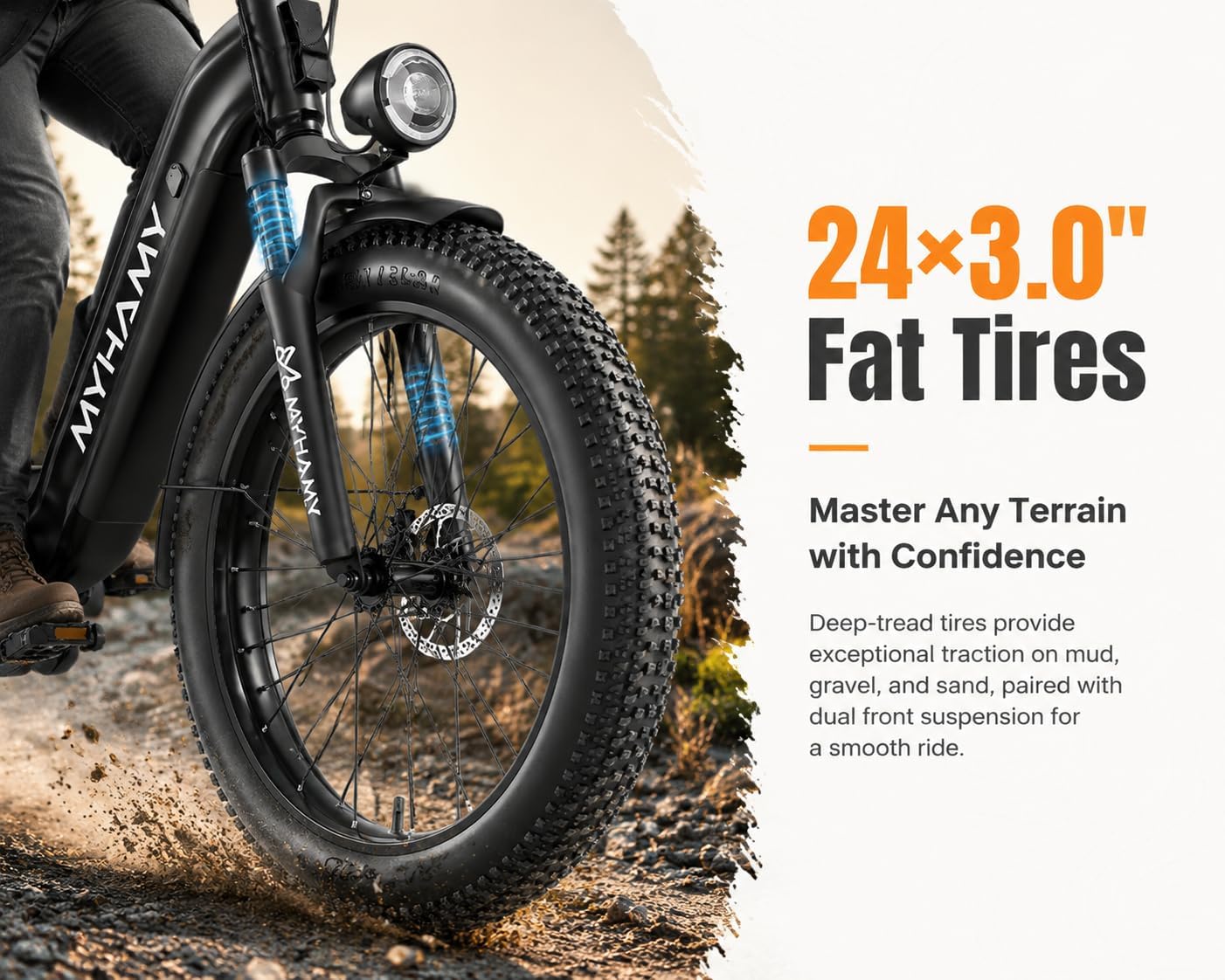 24" Fat Tire Electric Bike 48V 18Ah Adult Ebike | 100Nm torque climbs 25% hills