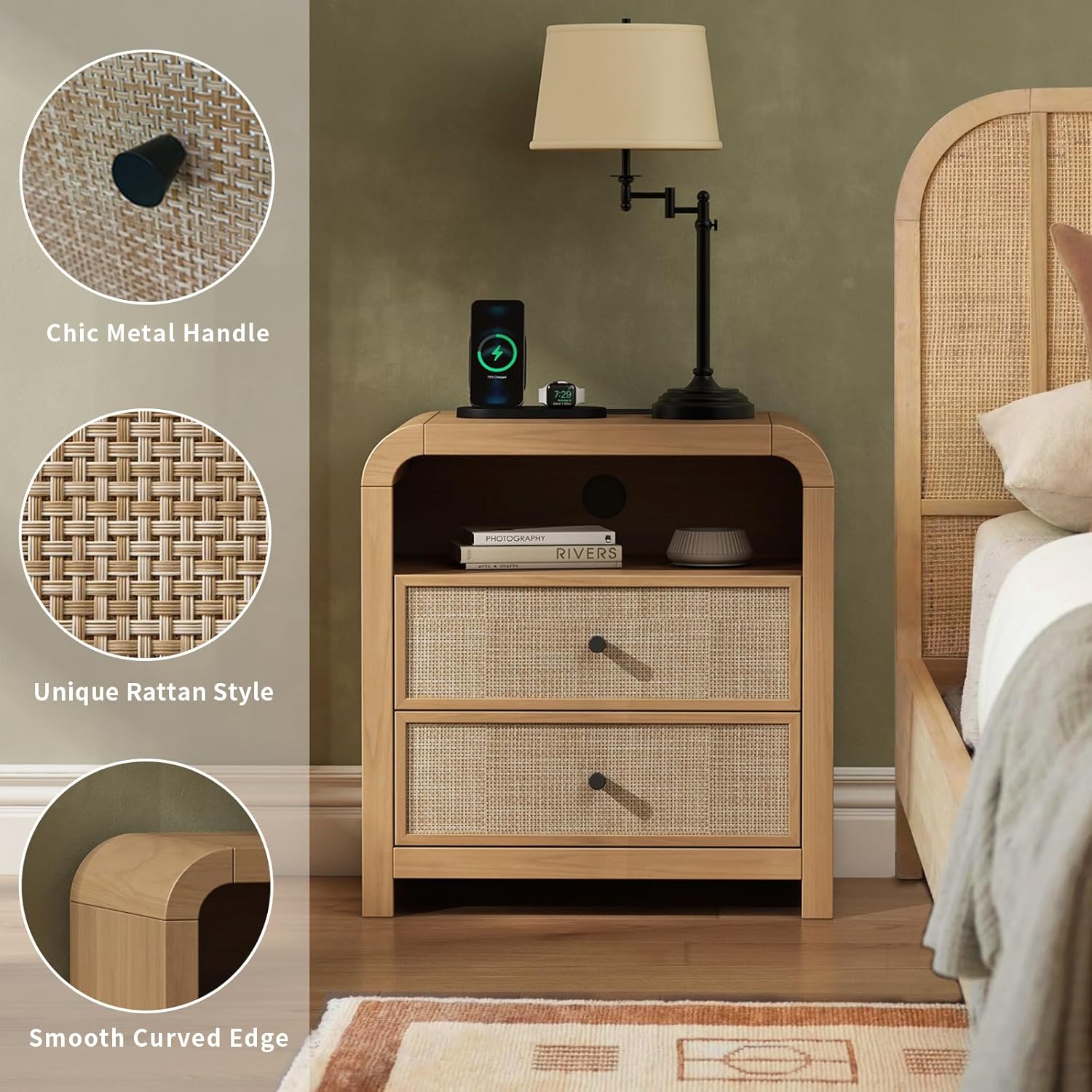 Oak&Sparrow Rattan Nightstand Set of 2, 23.6'' Rattan End Table with Ample Storage