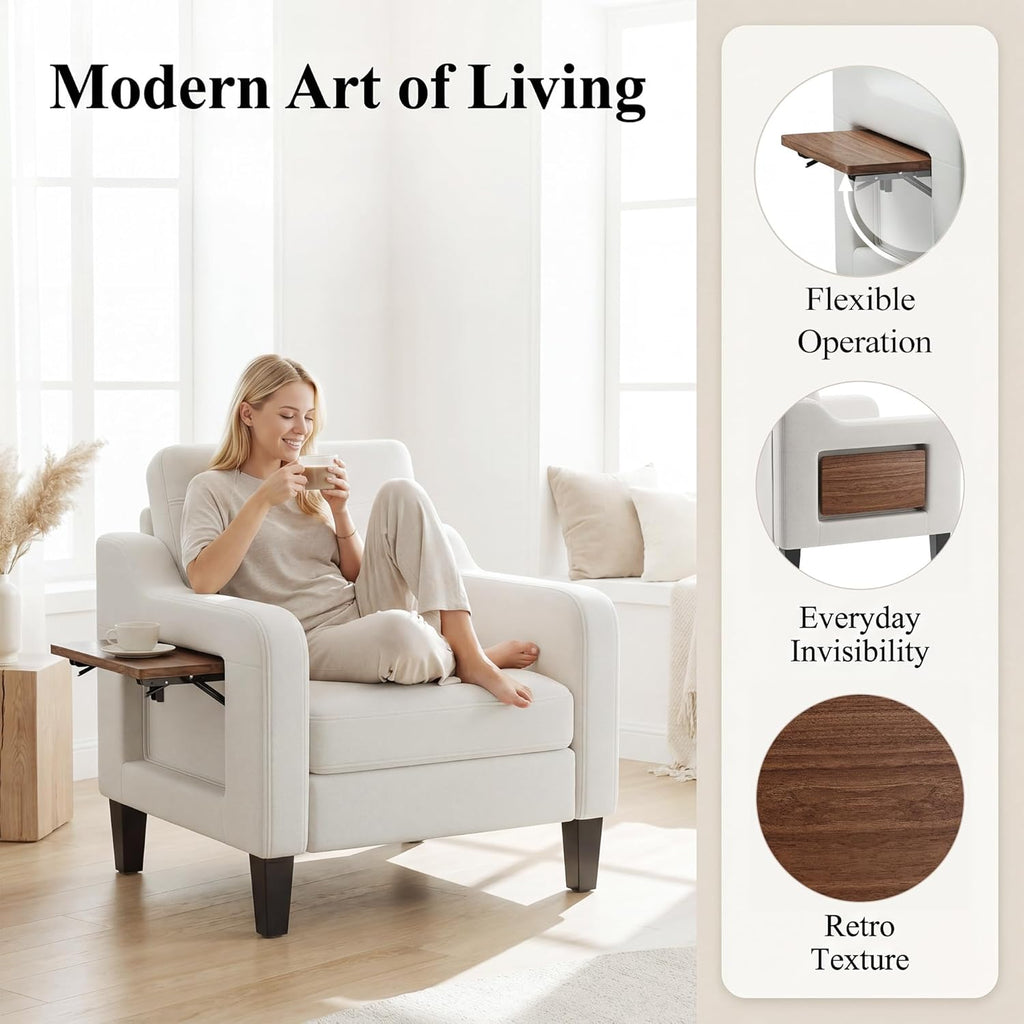 Accent Chairs Set of 2 for Living Room, Mid-Century Upholstered Armchair with Foldable Table & 2 Side Pockets