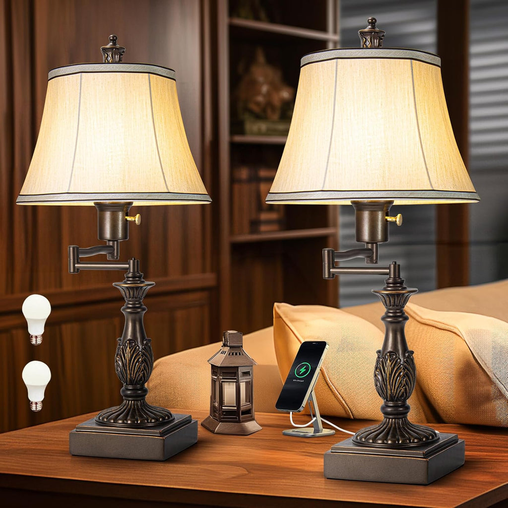 Scenekoy 23.5" High Rustic Traditional 350° Adjustable Swing Arm Table Lamp Set of 2 with USB A+C Ports