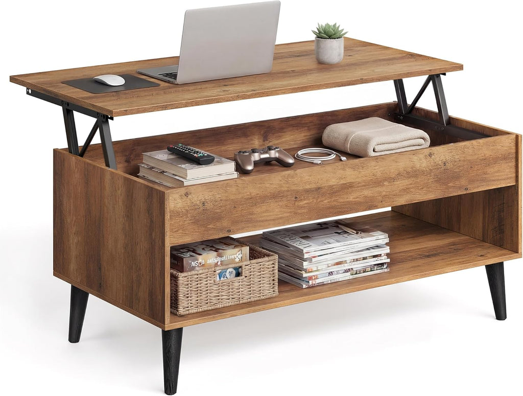 VASAGLE Lift Top Coffee Table, Lift Tabletop Dining Table, Gas Spring, Hidden Compartment