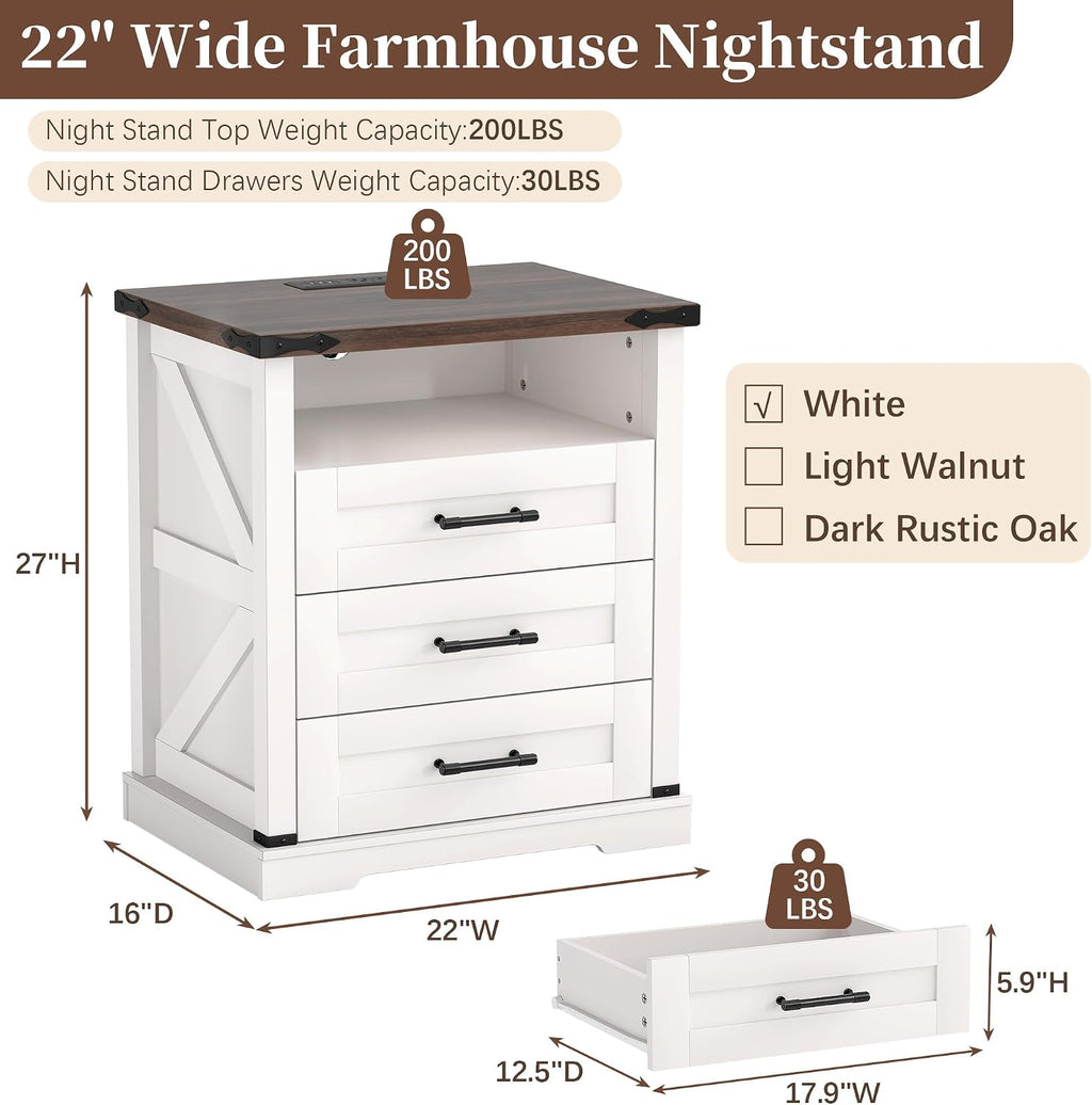 Baoz White Farmhouse Nightstand with Charging Station & Drawers for Bedroom | 22" Wide Bedside Table