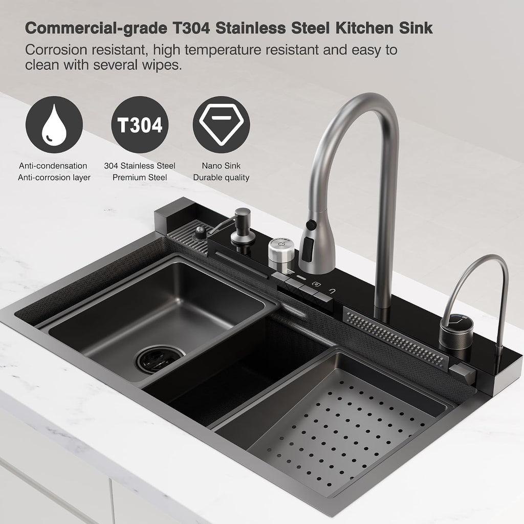 Digital Display Embossed Stainless Steel Nano Black Waterfall Large Single Groove Kithchen Sink with Pressurized Cup Washer