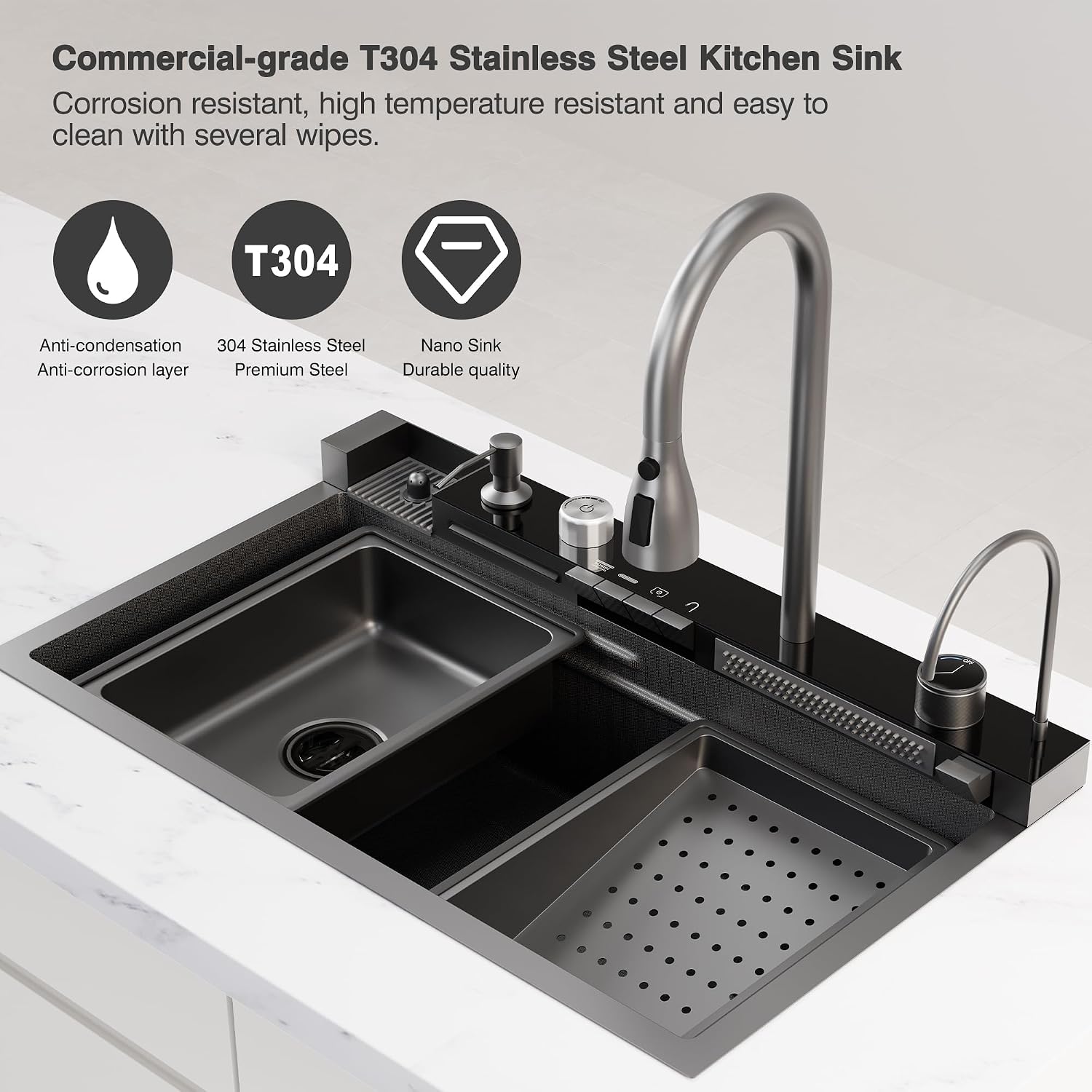 Digital Display Embossed Stainless Steel Nano Black Waterfall Large Single Groove Kithchen Sink with Pressurized Cup Washer