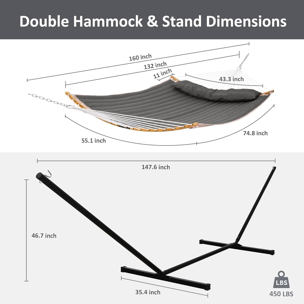 Double Portable Hammock with Stand, 2 Person Hammock with Curved Spreader Bar, Balance Ropes Included, Dark Gray