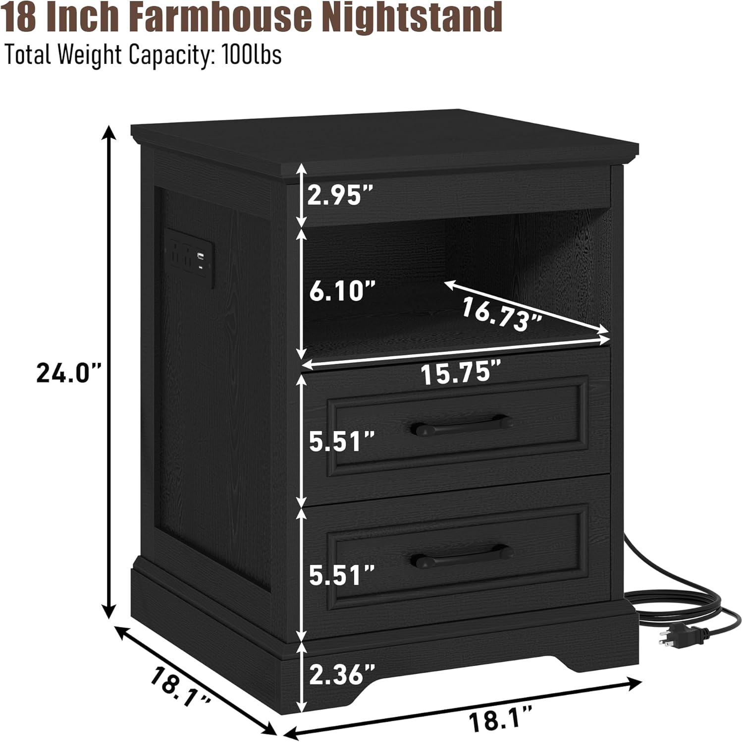 18" Farmhouse Accent Nightstand with Charging Station, End Table with 3 Drawers Storage, Side Table,