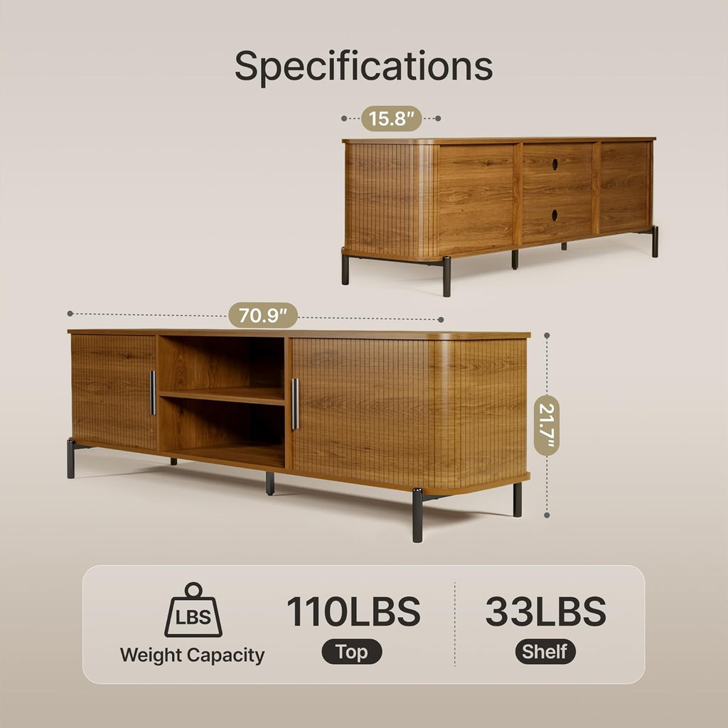 70" Mid-Century Fluted TV Stand with Storage, Modern Entertainment