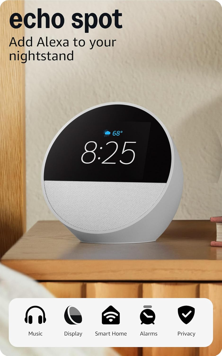 Amazon Echo Spot (newest model), Great for nightstands, offices and kitchens