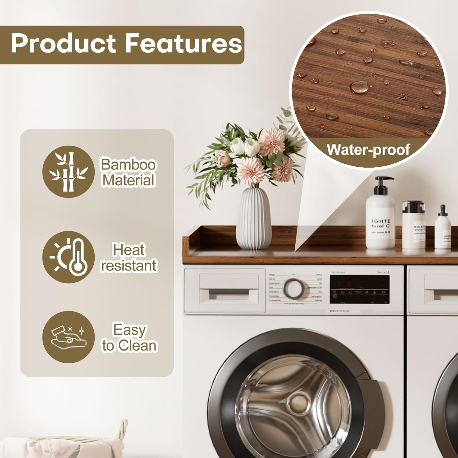 Washer Dryer Countertop, Laundry Topper with Edge Rails, 54" x 27.5" Bamboo Folding Station