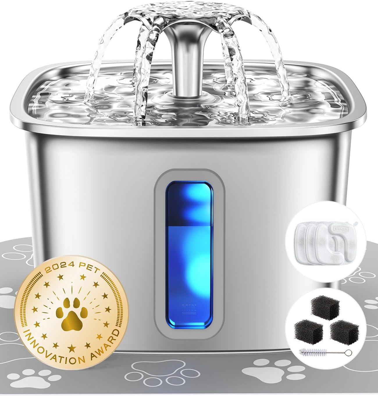 Veken Innovation Award Winner Stainless Steel Cat Water Fountain, 108oz/3.2L Automatic Pet Fountain Dog Water Dispenser