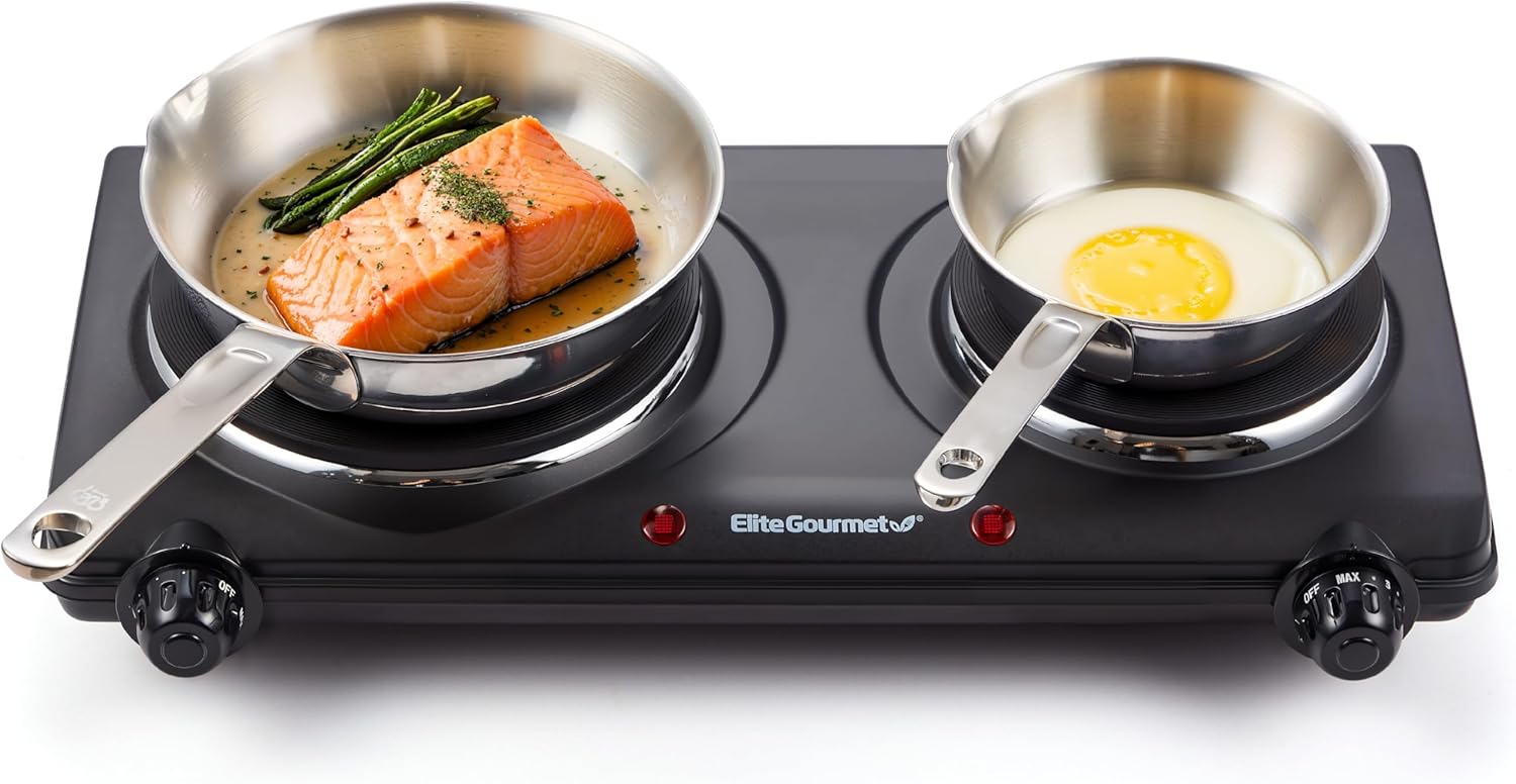 Elite Gourmet EDB-302BF# Countertop Double Cast Iron Burner, 1500 Watts Electric Hot Plate,