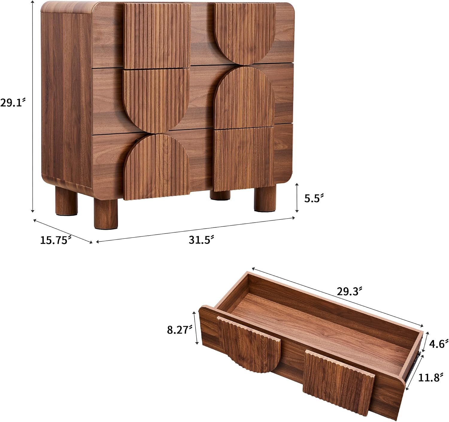 3 Drawer Dresser, Modern Fluted Wood Chest of Drawers, 31.5" Wide Walnut Nightstand with Anti-Tip Device