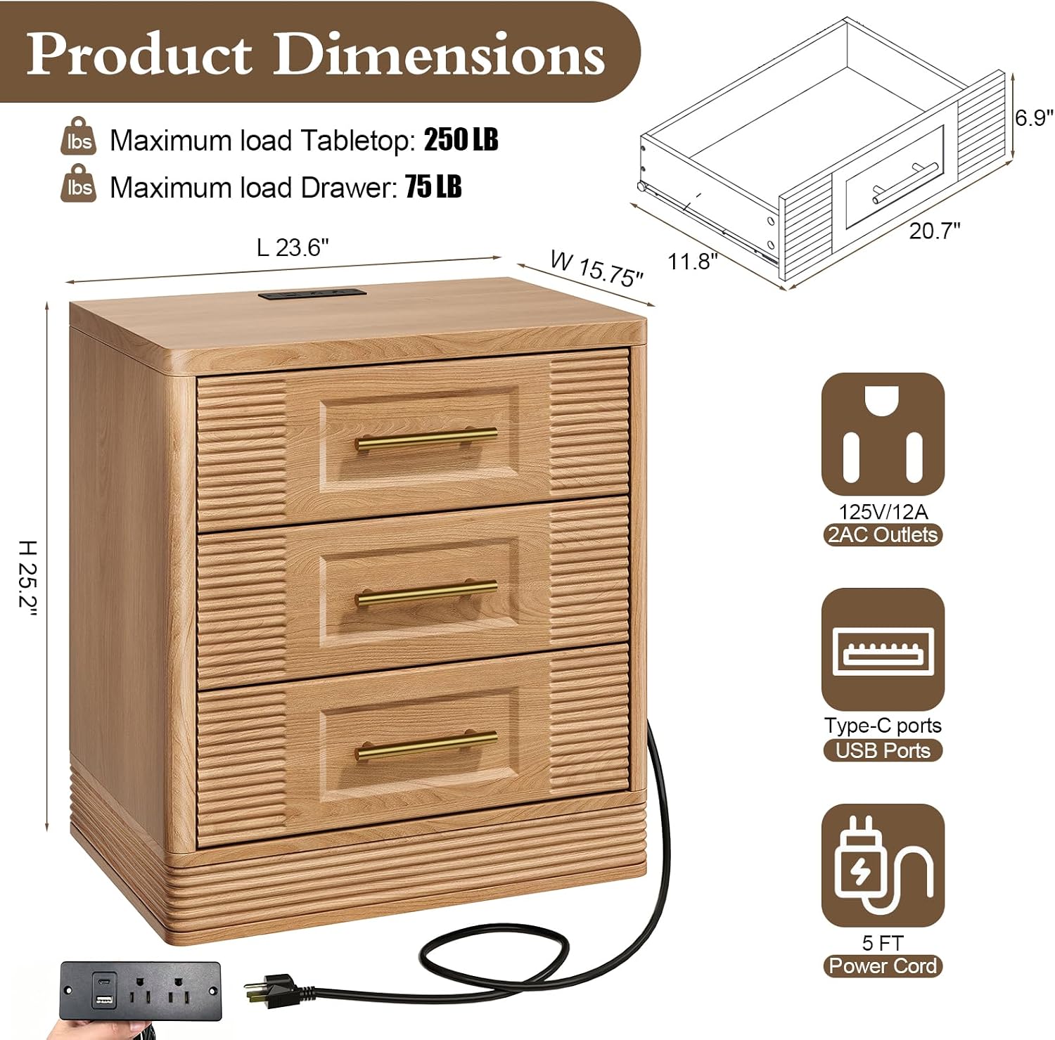 3 Drawer Dresser for Bedroom, 25.6" Tall Nightstand with Charging Station, Farmhouse 23.6" Wide End Table
