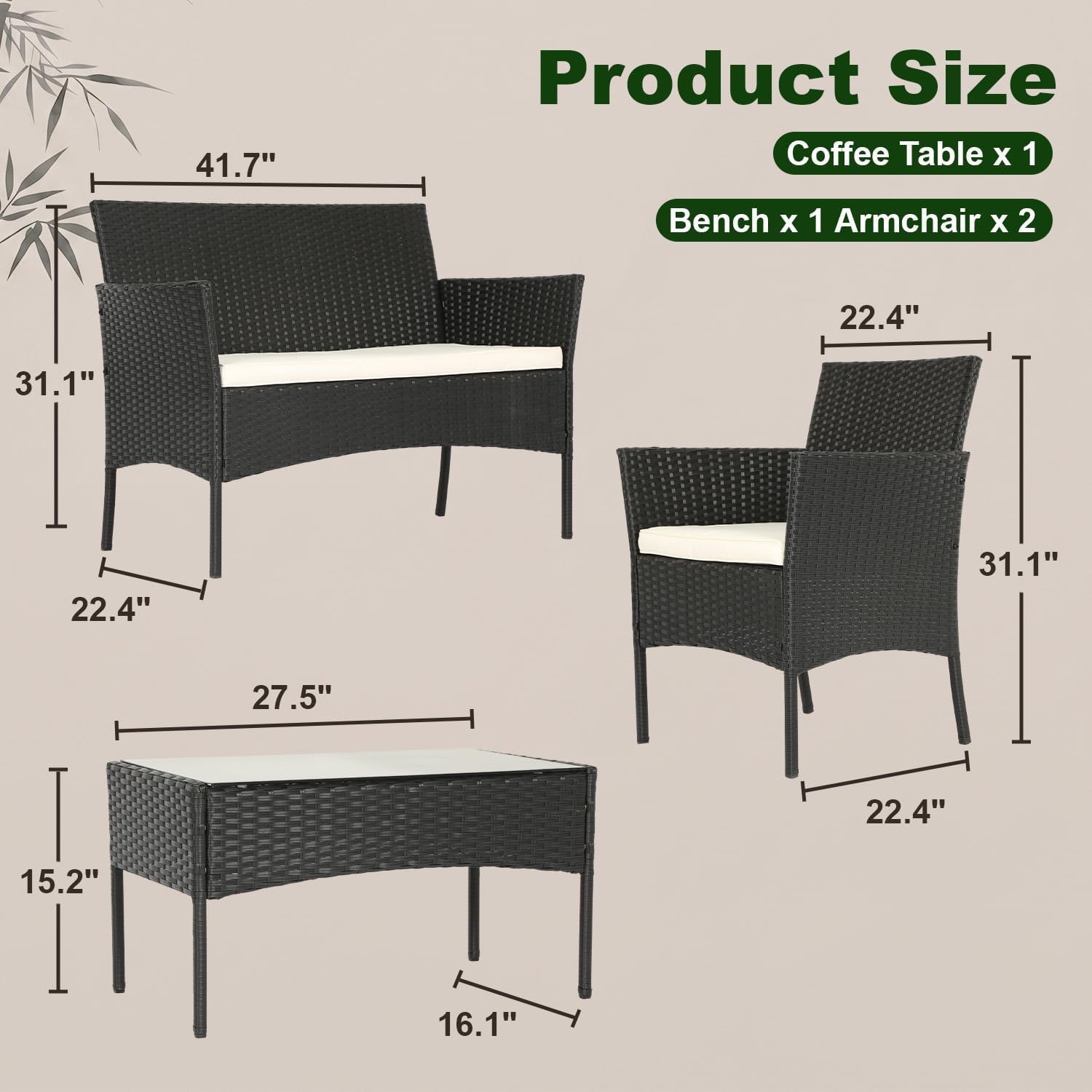 FDW | 4-Piece Patio Furniture Set | Black | Outdoor Wicker Furniture with Coffee Table | Modern Rattan Chairs Conversation Set |