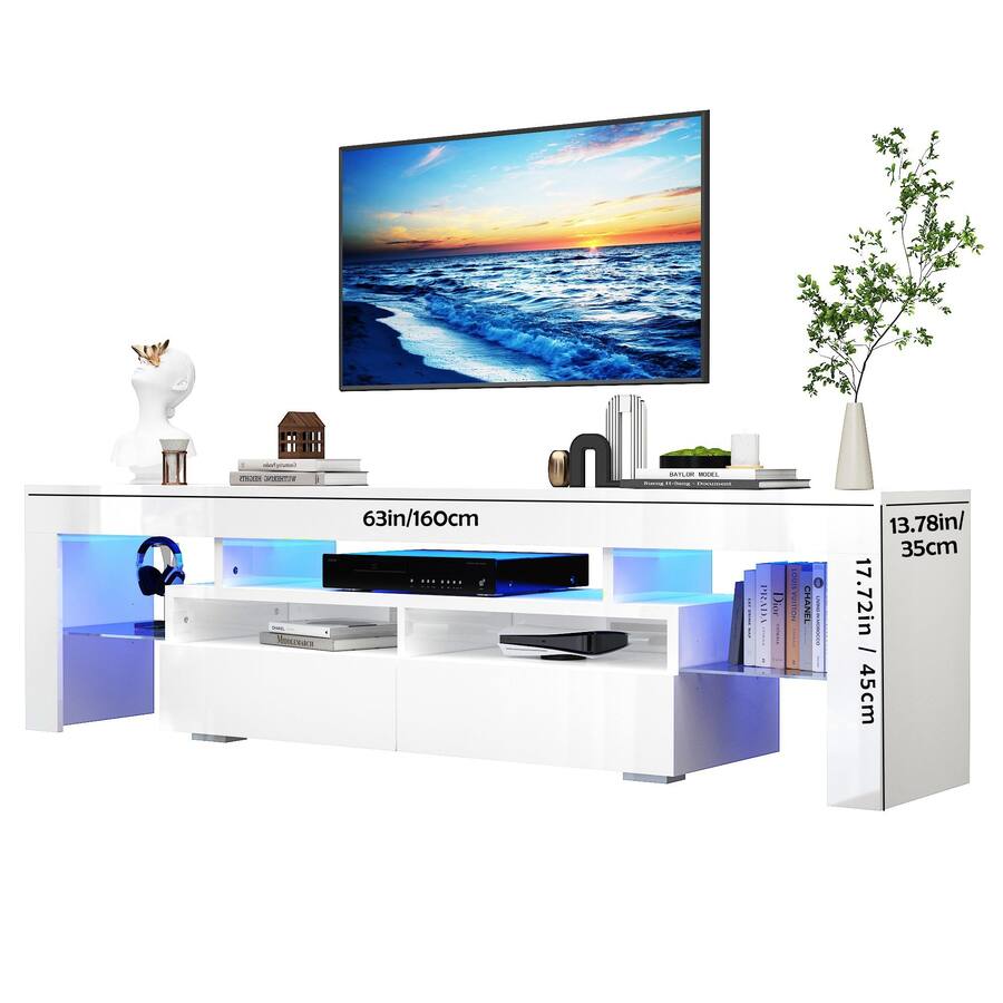 Espafurni - 63in High - Gloss TV Stand for 65/70" TVs - Living Room LED, APP RGB, Storage Drawer - White