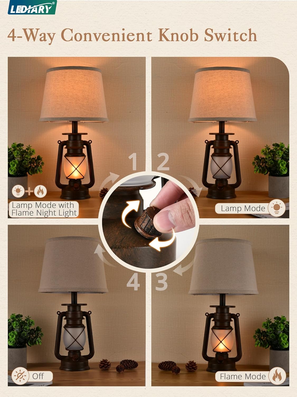 LEDIARY 18.72" LED Vintage Lantern Flickering Flame Table Lamps for Bedrooms Set of 2