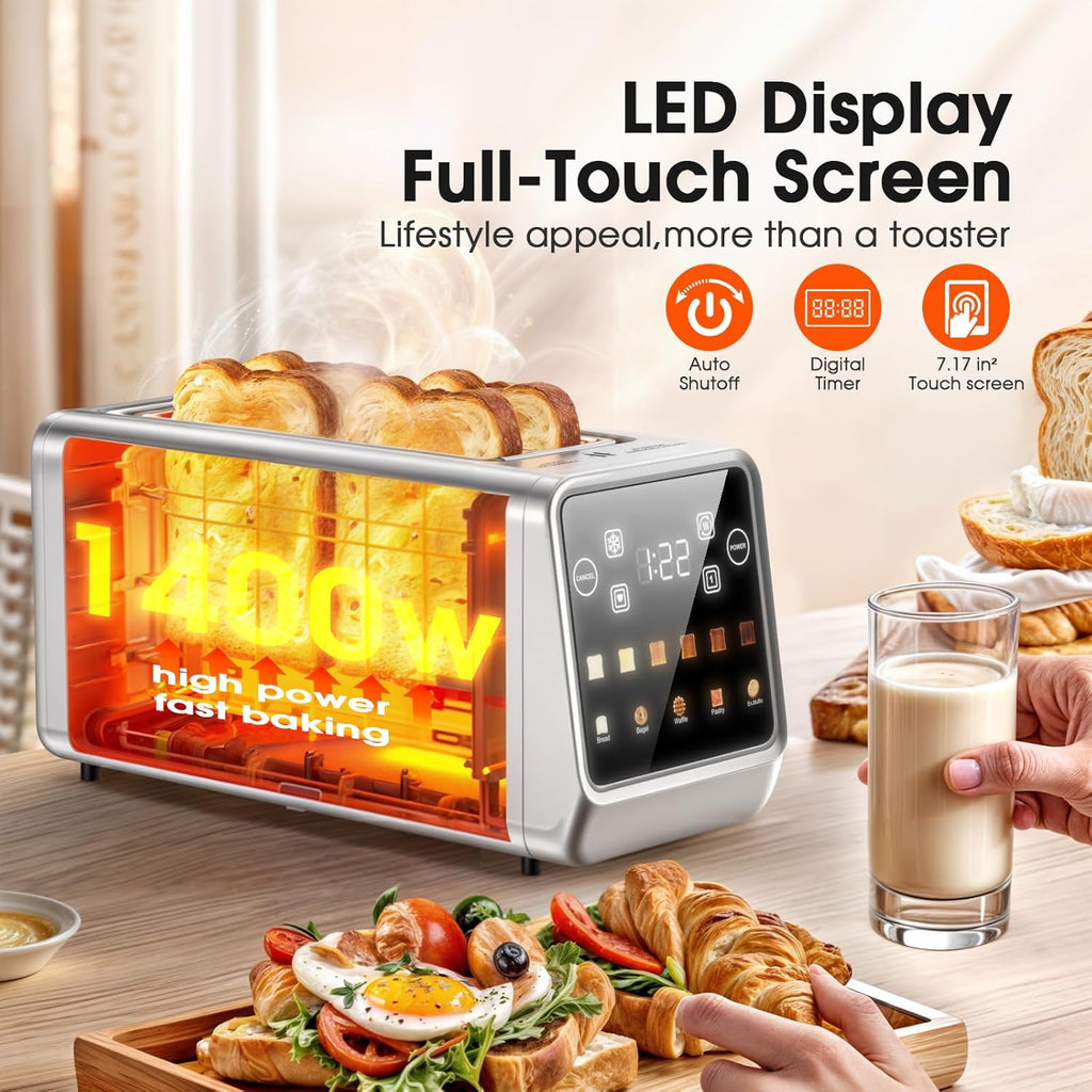 4-Slice Smart Toaster, Extra-Wide Slots for Thick Bagels & Artisan Bread, 1400W Rapid Heating