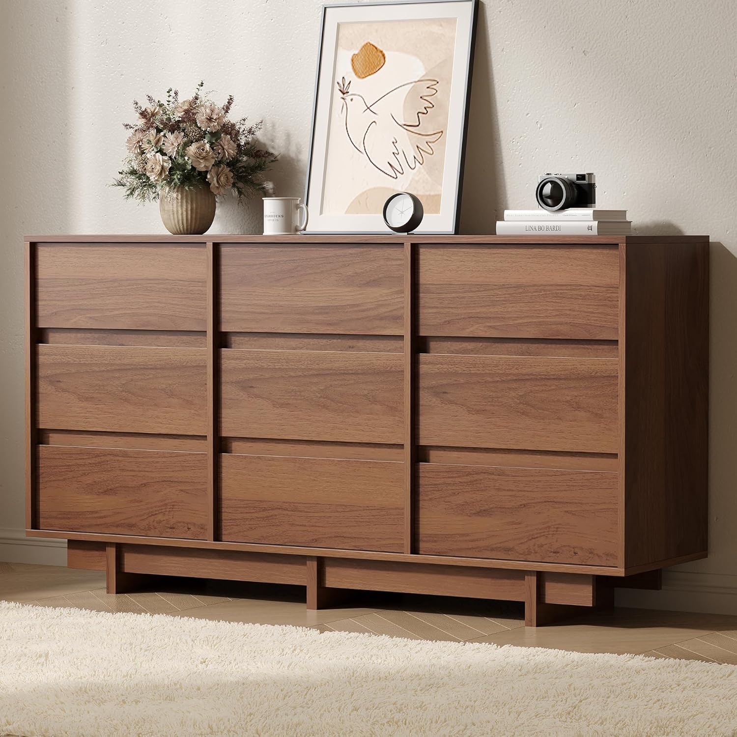 Walnut Dresser for Bedroom, 59" Wide 9 Drawer Dresser, Mid Century Modern