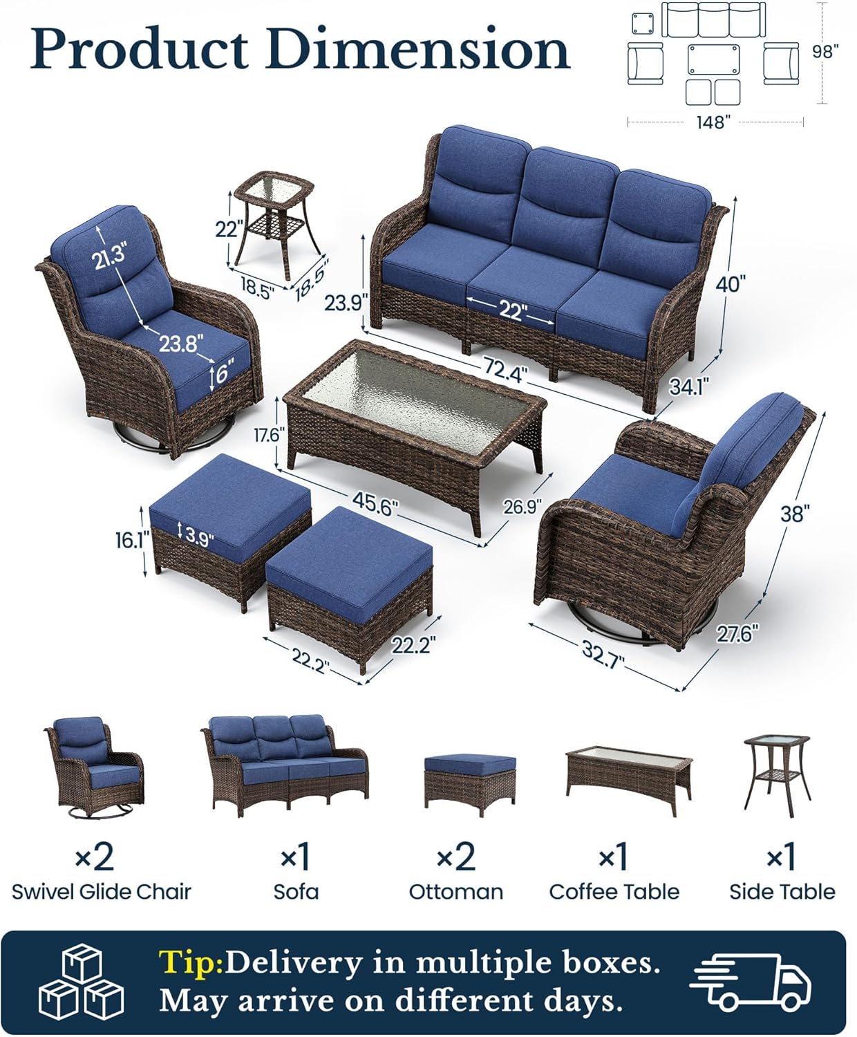 7-Piece Luxury Patio Furniture Set with 6" Thick Cushions, Weather-Resistant Wicker High Back Swivel