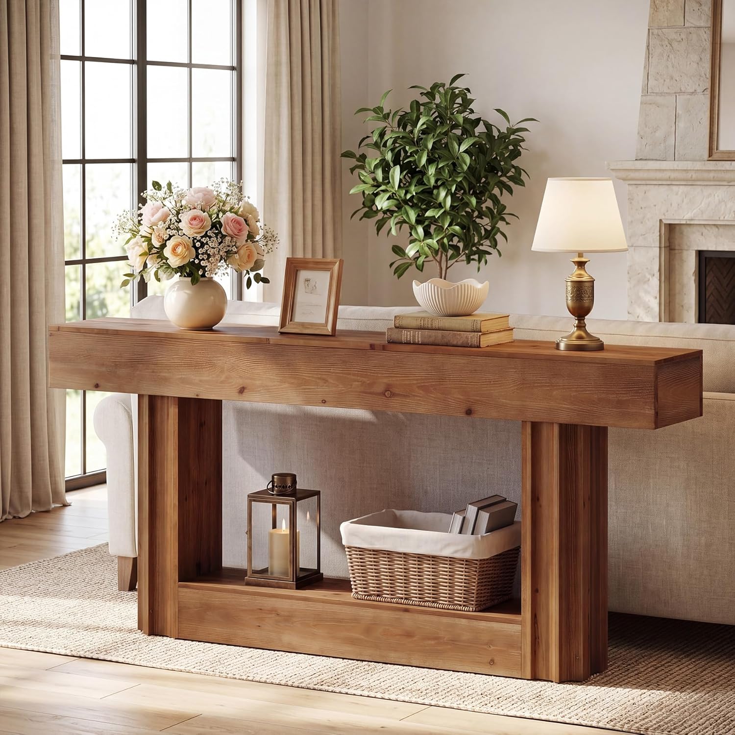 63-Inch Farmhouse Solid Wood Sofa Console Table, Narrow Long 2-Tier Entryway Table with Lower Storage