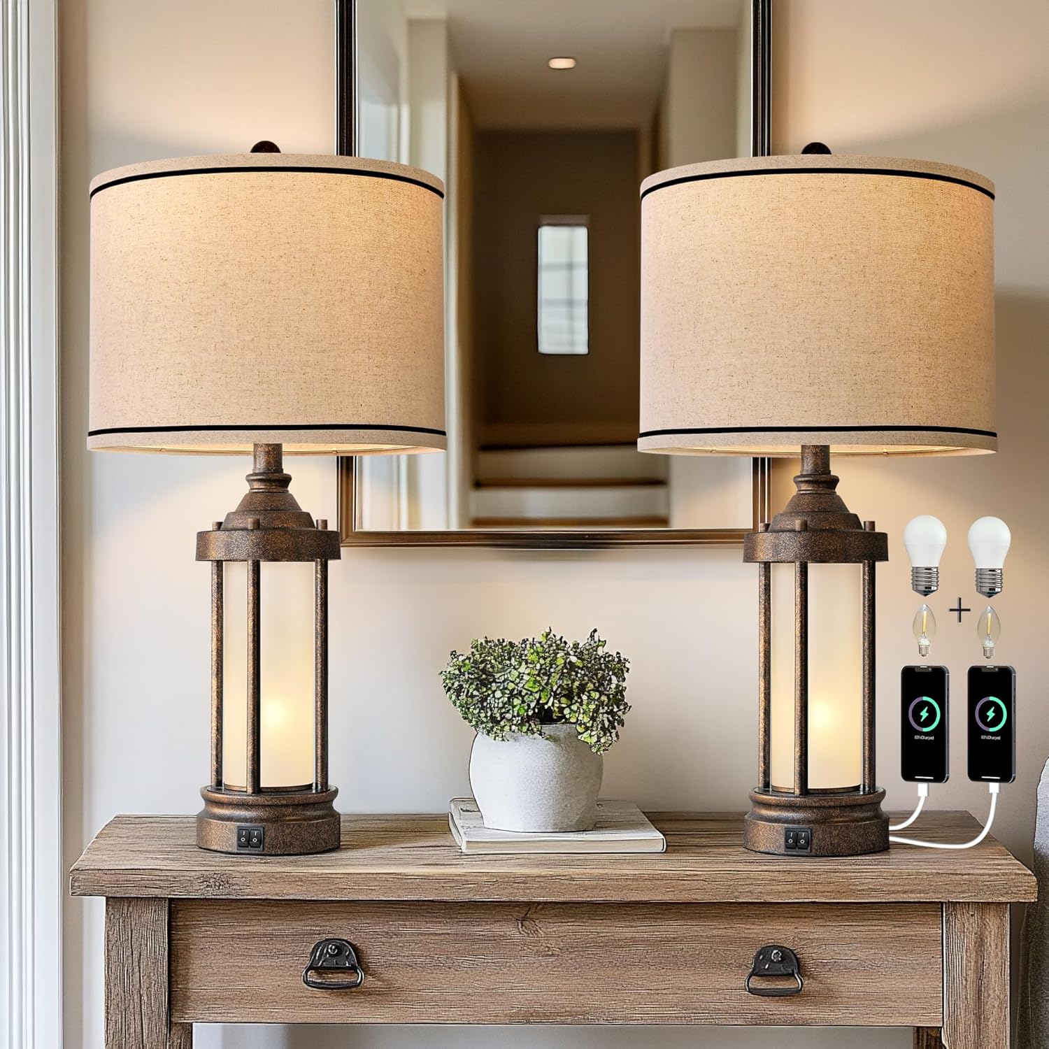 25'' Table Lamps Set of 2 for Living Room Bedroom Farmhouse Metal Lamps with 2 USB Ports
