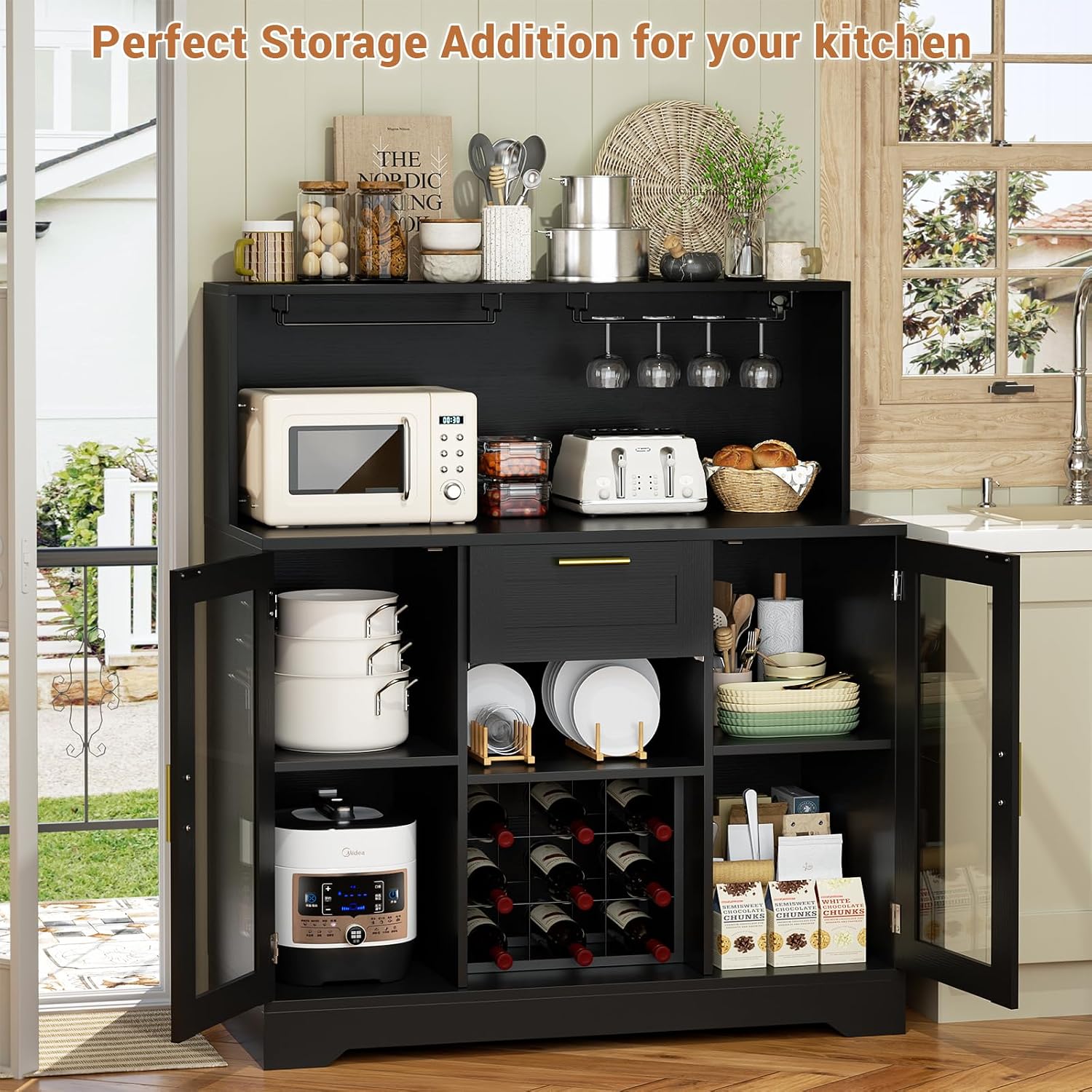 Unikito Wine Bar Cabinet with LED Light, Liquor Cabinet with Wine Rack and Glass Holder