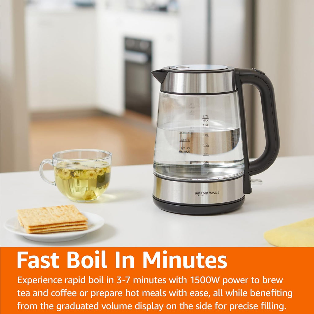 Amazon Basics Electric Kettle with Glass Carafe for Tea and Coffee