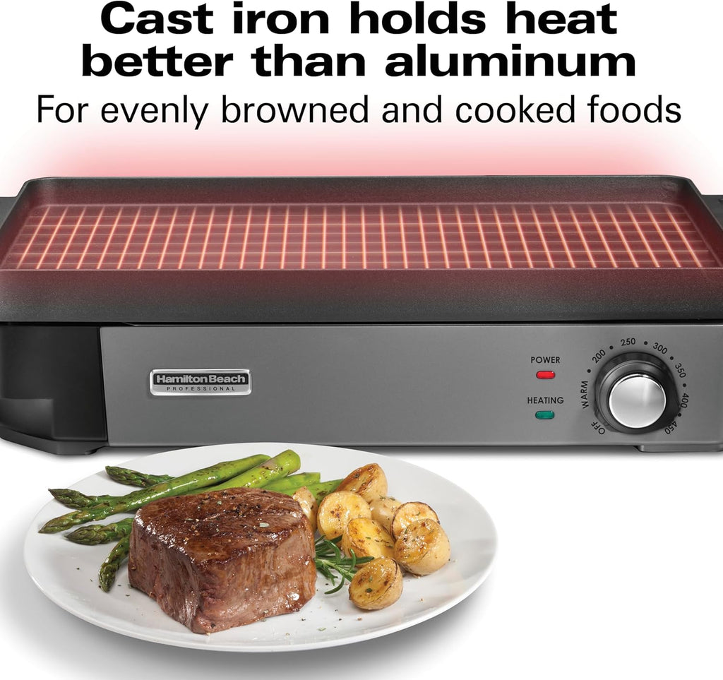 Hamilton Beach Professional Cast Iron Indoor Electric Grill & Griddle, 10" x 16" Preseasoned Cooking Surface