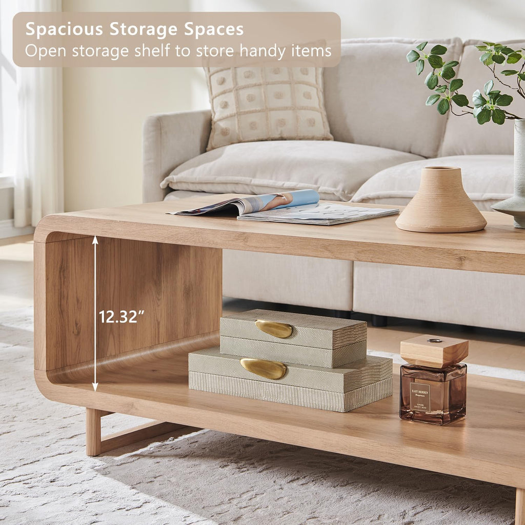 IFGET 48" Modern Coffee Table, 2-Tier Minimalist Center Table with Storage Shelf, Curved Profile Design